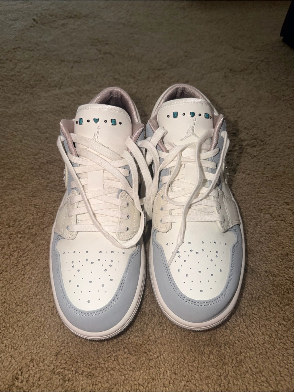 TURQUOISE STUDDED NIKE Jordan Low Top Sneakers in White and Light Blue-Grey